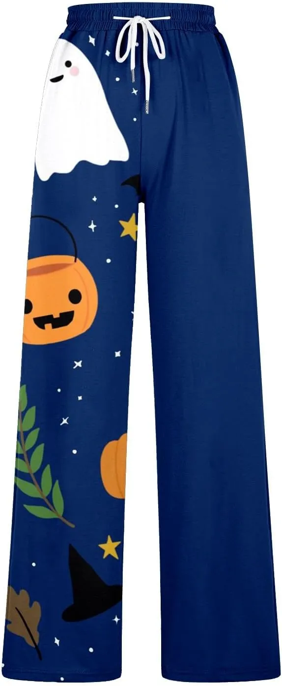 Halloween Sweatpants Woman Pumpkin Print Wide Leg Joggers Elastic High Waist Pants with Pockets Straight Leg Comfy