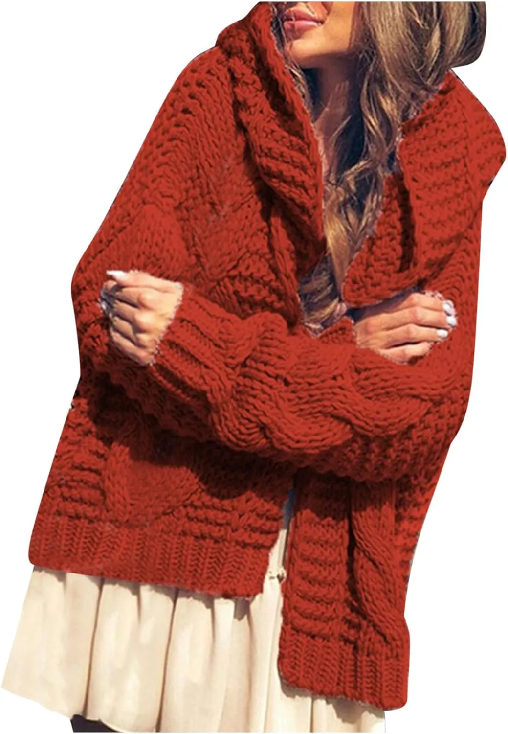 HGps8w Womens 2025 Winter Hooded Cardigan Sweaters, Loose Solid Open Front Long Sleeve Warm Cable Knit Outerwear Coats