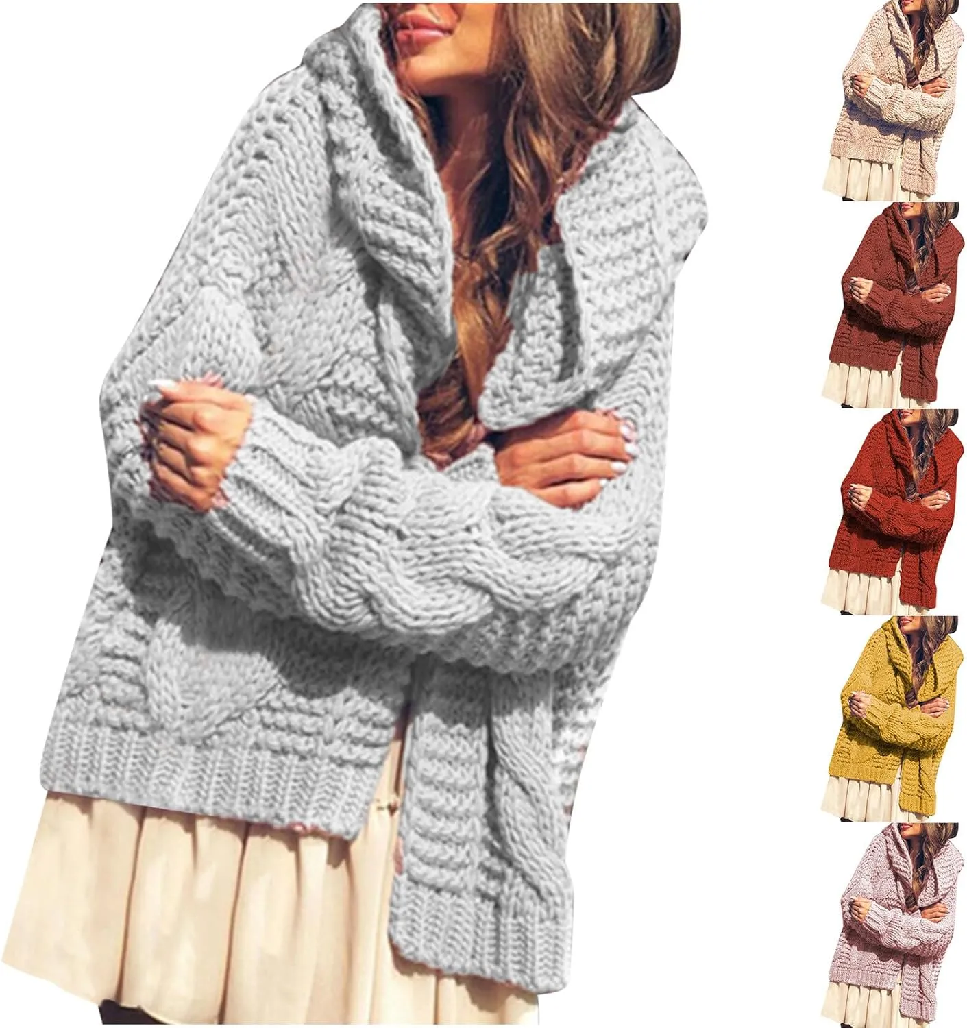 HGps8w Womens 2025 Winter Hooded Cardigan Sweaters, Loose Solid Open Front Long Sleeve Warm Cable Knit Outerwear Coats