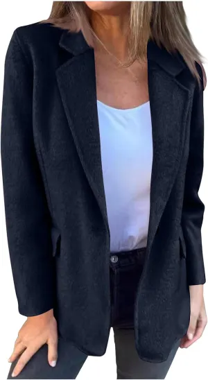 HGps8w Women's Notched Lapel Wool Coats Elegant Open Front Winter Wool Blend Blazer Jacket Trench Overcoat with Pockets