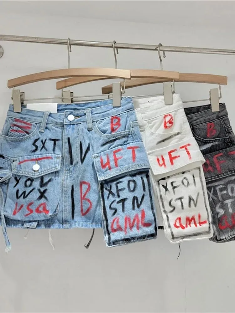 High Street Hand-Painted Graffiti Pocket Design Spliced A-Line Denim Short Skirt for Women Summer
