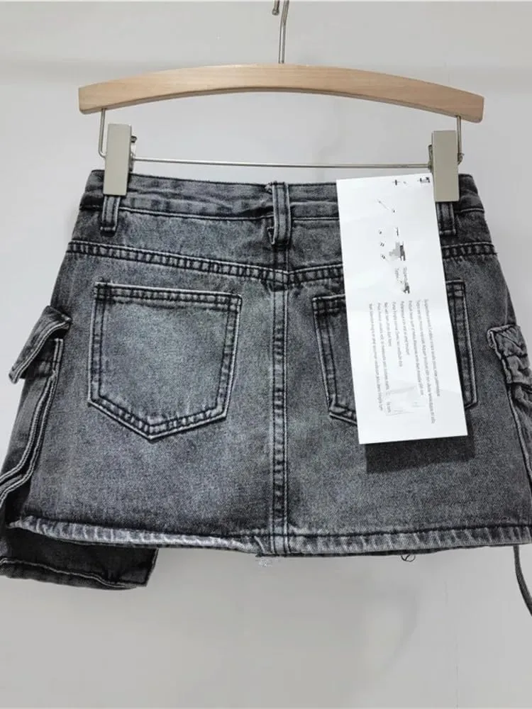 High Street Hand-Painted Graffiti Pocket Design Spliced A-Line Denim Short Skirt for Women Summer