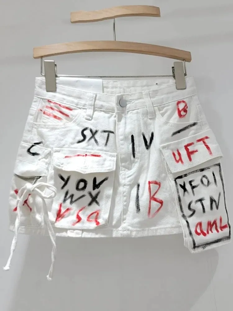 High Street Hand-Painted Graffiti Pocket Design Spliced A-Line Denim Short Skirt for Women Summer
