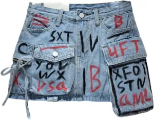 High Street Hand-Painted Graffiti Pocket Design Spliced A-Line Denim Short Skirt for Women Summer