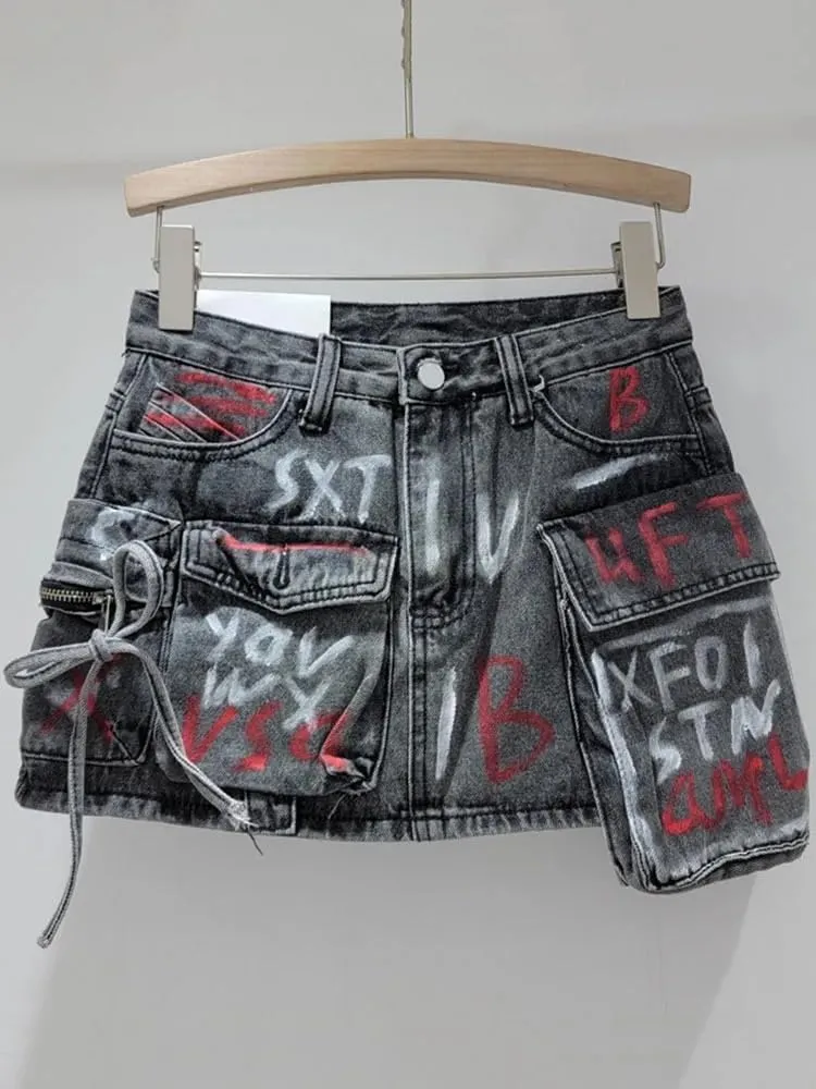 High Street Hand-Painted Graffiti Pocket Design Spliced A-Line Denim Short Skirt for Women Summer