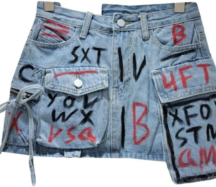 High Street Hand-Painted Graffiti Pocket Design Spliced A-Line Denim Short Skirt for Women Summer