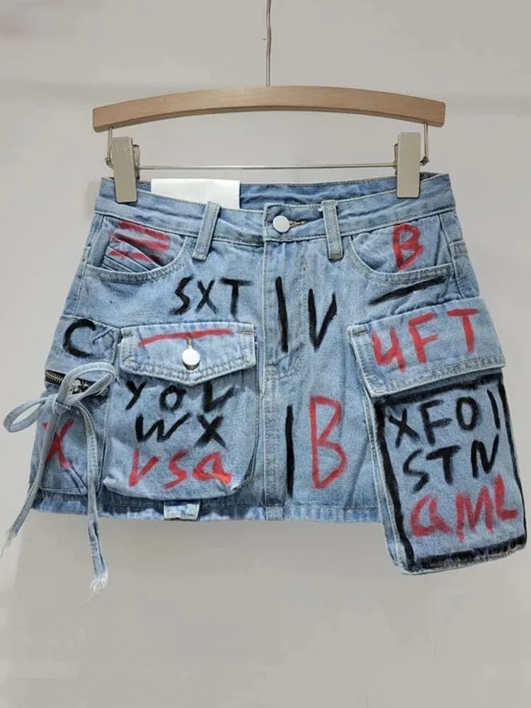High Street Hand-Painted Graffiti Pocket Design Spliced A-Line Denim Short Skirt for Women Summer