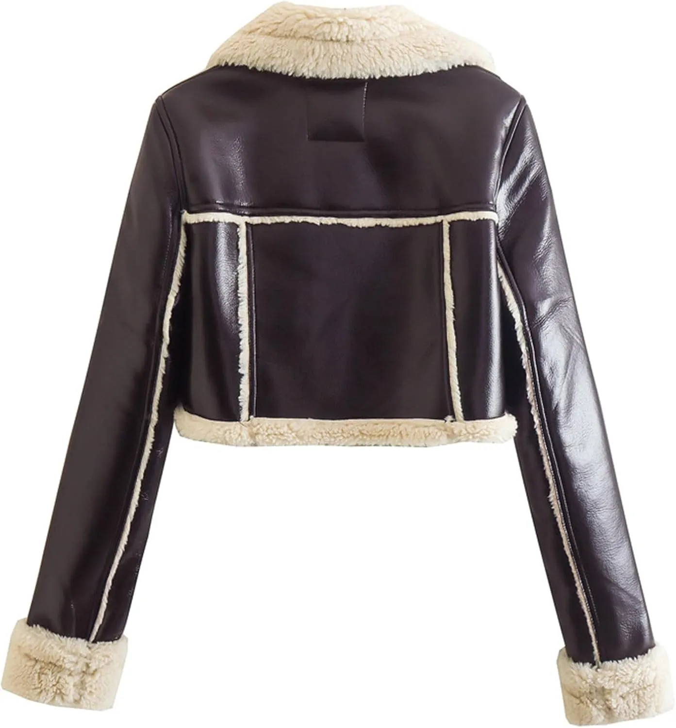hlysgo Women Winter Jacket Faux Leather Thicken Fleece Lined Motorcycle Jacket Shearling Fluffy Coat Cropped Bomber Jacket