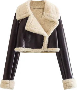 hlysgo Women Winter Jacket Faux Leather Thicken Fleece Lined Motorcycle Jacket Shearling Fluffy Coat Cropped Bomber Jacket