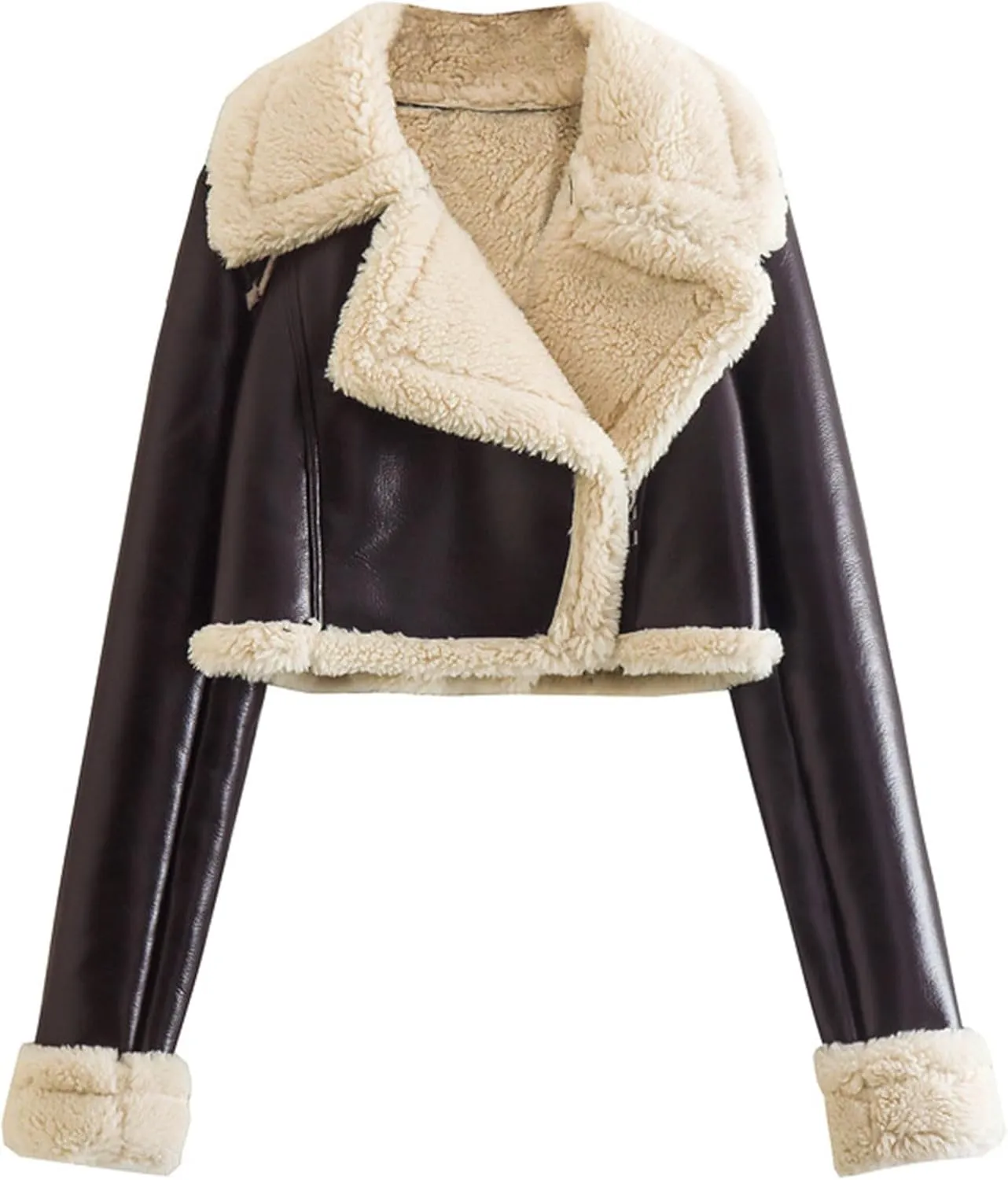 hlysgo Women Winter Jacket Faux Leather Thicken Fleece Lined Motorcycle Jacket Shearling Fluffy Coat Cropped Bomber Jacket