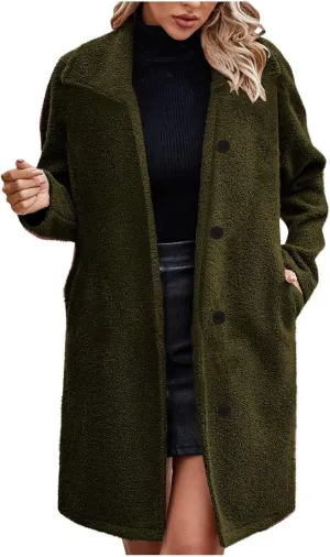 hlysgo Women's Fashion Winter Fuzzy Coats Long Sleeve Notched Lapel Double Breasted Trench Coat Warm Fleece Long Jacket
