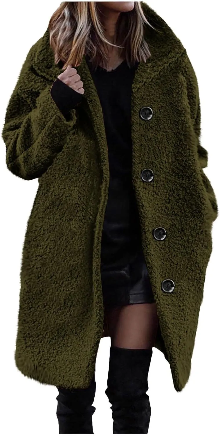 hlysgo Women's Fashion Winter Fuzzy Coats Long Sleeve Notched Lapel Double Breasted Trench Coat Warm Fleece Long Jacket