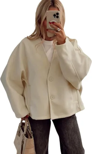 Huaqiao Womens Cropped Pea Coat Oversized Short Wool Blend Jacket Casual V Neck Button Down Jacket with Pockets