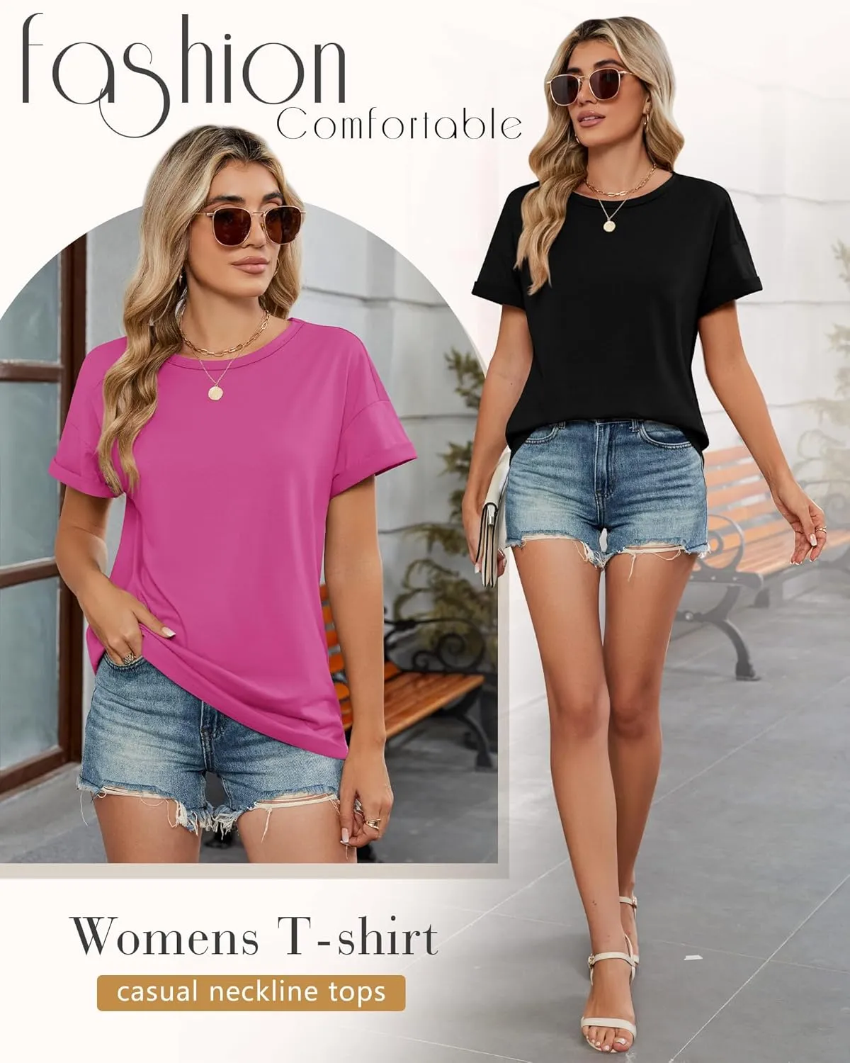 Huukeay 3 Pack Women's Short Sleeve T-Shirts Loose Fit Casual Crew Neck Cuffed Basic Tops Plain Trendy Summer Tee Shirts