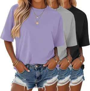 Huukeay 3 Pack Women's Short Sleeve T-Shirts Loose Fit Casual Crew Neck Cuffed Basic Tops Plain Trendy Summer Tee Shirts
