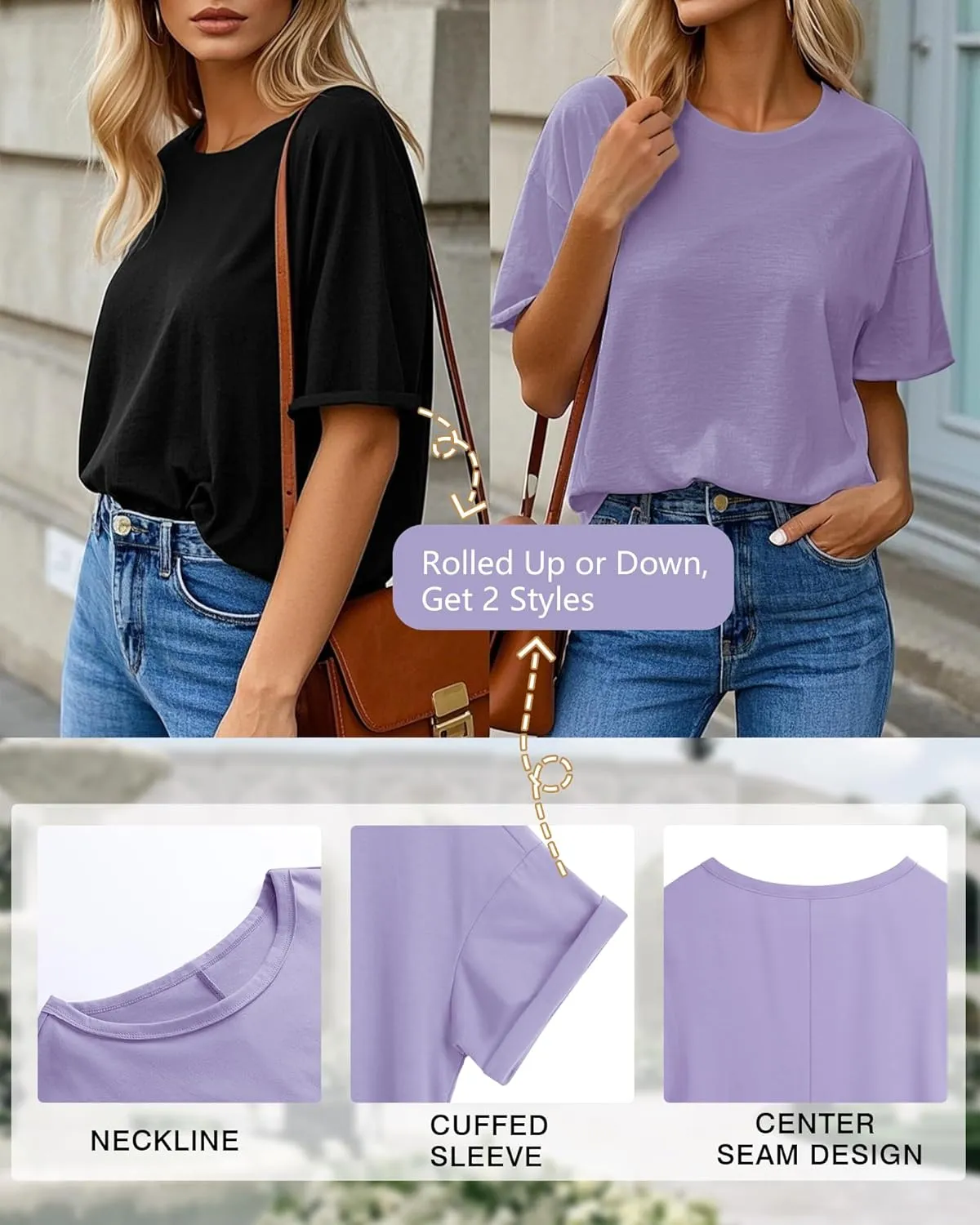 Huukeay 3 Pack Women's Short Sleeve T-Shirts Loose Fit Casual Crew Neck Cuffed Basic Tops Plain Trendy Summer Tee Shirts