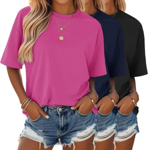 Huukeay 3 Pack Women's Short Sleeve T-Shirts Loose Fit Casual Crew Neck Cuffed Basic Tops Plain Trendy Summer Tee Shirts