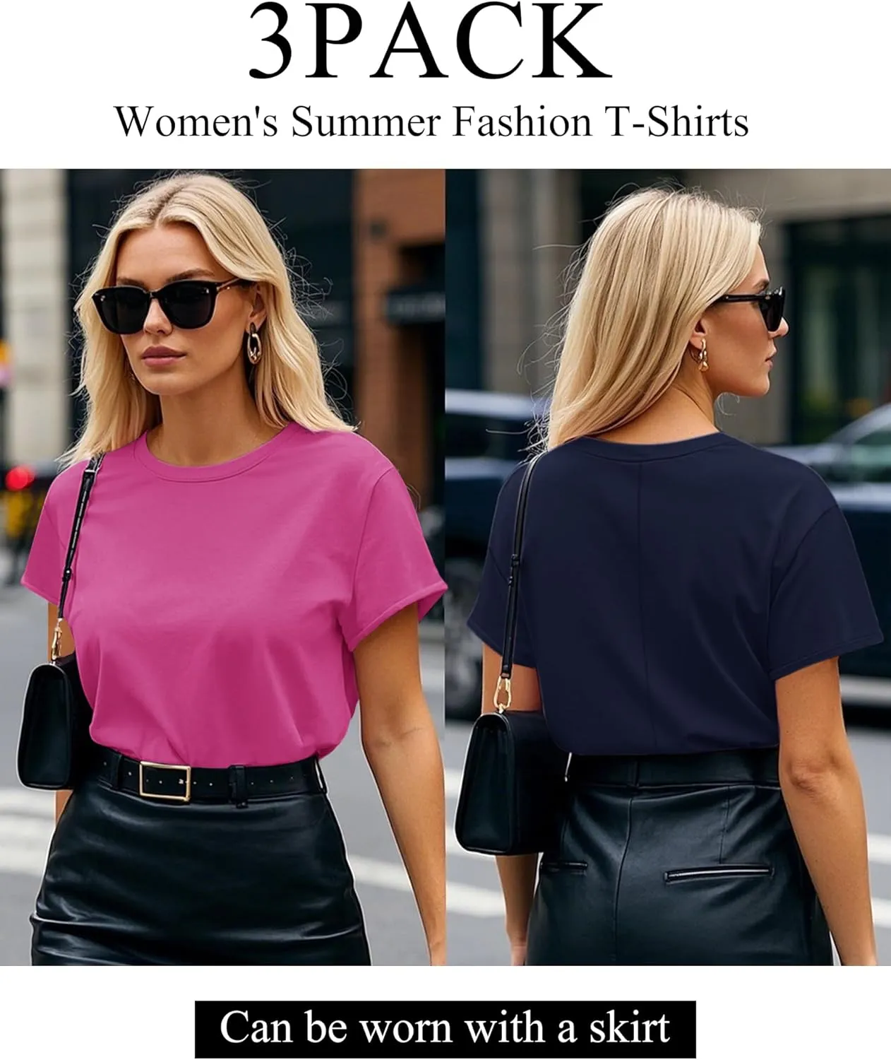 Huukeay 3 Pack Women's Short Sleeve T-Shirts Loose Fit Casual Crew Neck Cuffed Basic Tops Plain Trendy Summer Tee Shirts