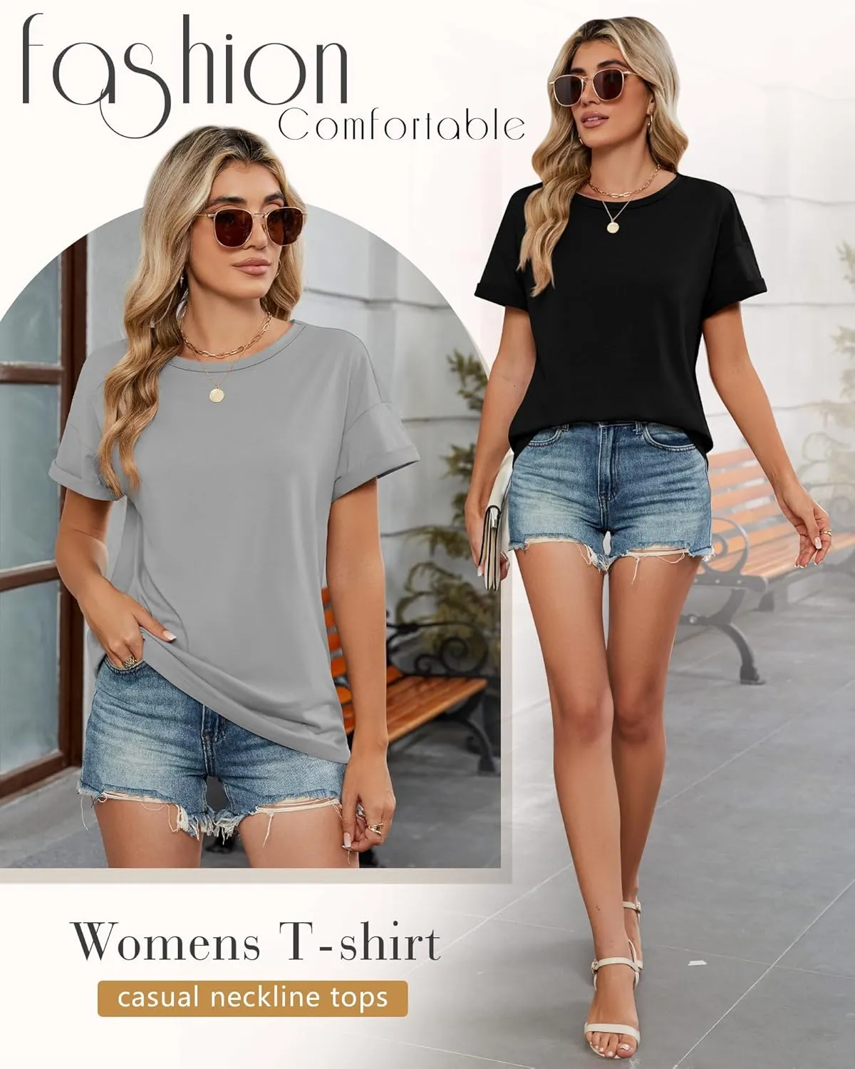 Huukeay 3 Pack Women's Short Sleeve T-Shirts Loose Fit Casual Crew Neck Cuffed Basic Tops Plain Trendy Summer Tee Shirts