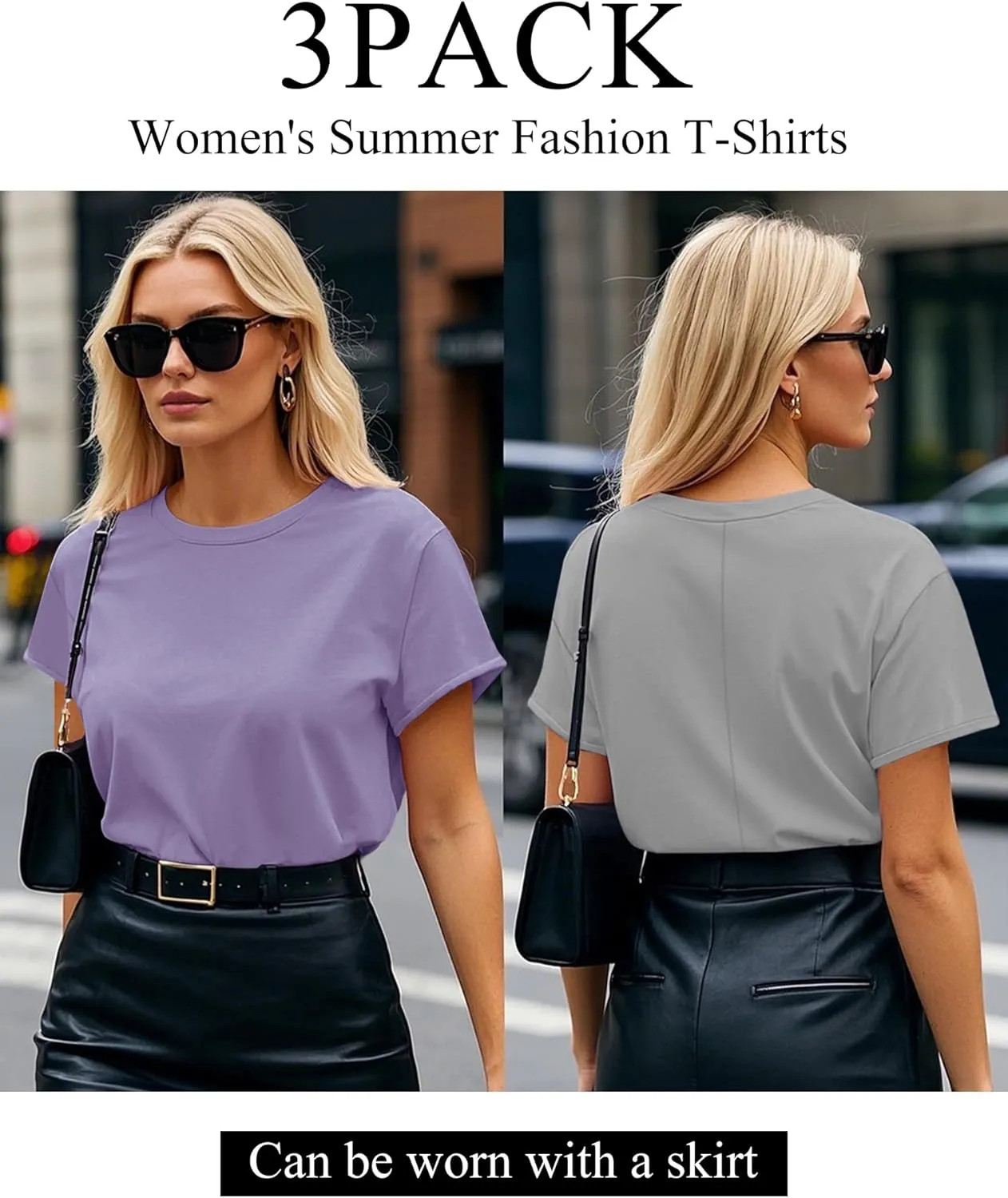Huukeay 3 Pack Women's Short Sleeve T-Shirts Loose Fit Casual Crew Neck Cuffed Basic Tops Plain Trendy Summer Tee Shirts