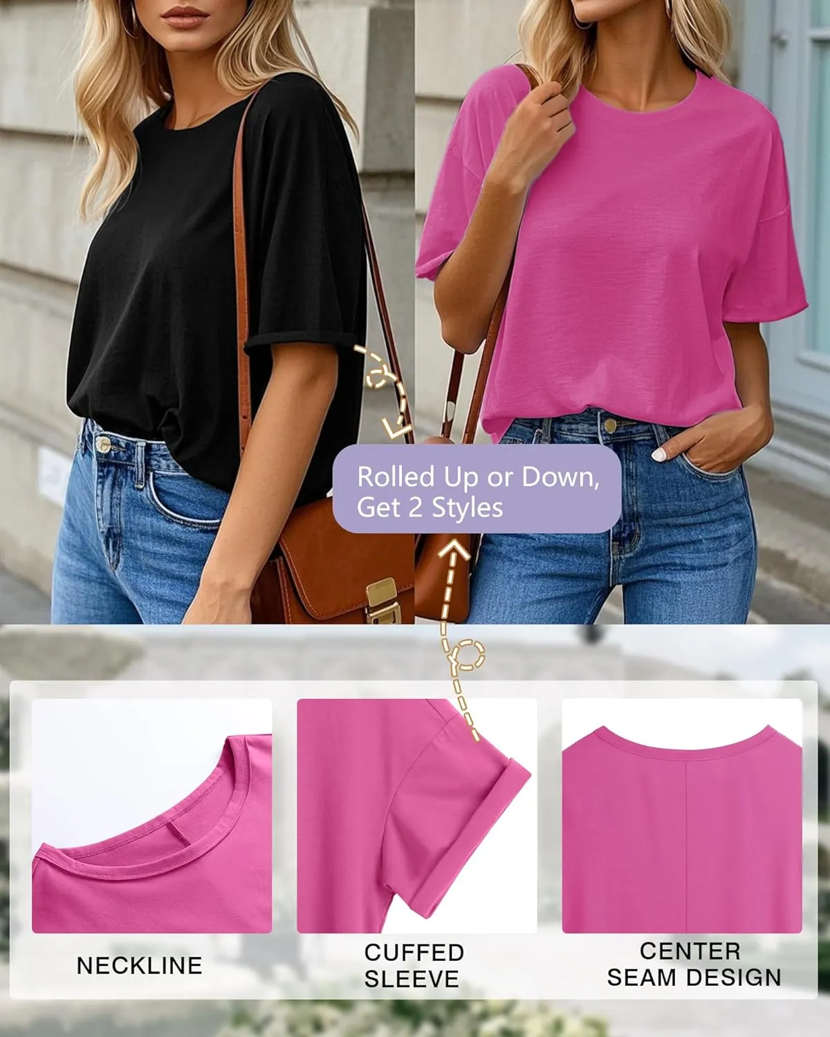 Huukeay 3 Pack Women's Short Sleeve T-Shirts Loose Fit Casual Crew Neck Cuffed Basic Tops Plain Trendy Summer Tee Shirts