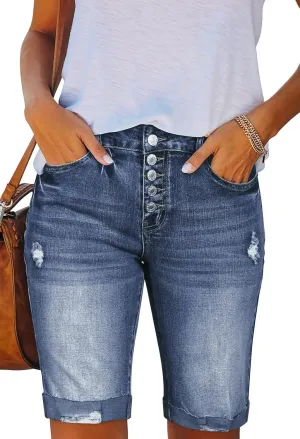 HUUSA Women's High Waist Ripped Denim Shorts Frayed Hem Destroyed Mid Thigh Short Jeans Casual Bermuda Shorts with Pocket