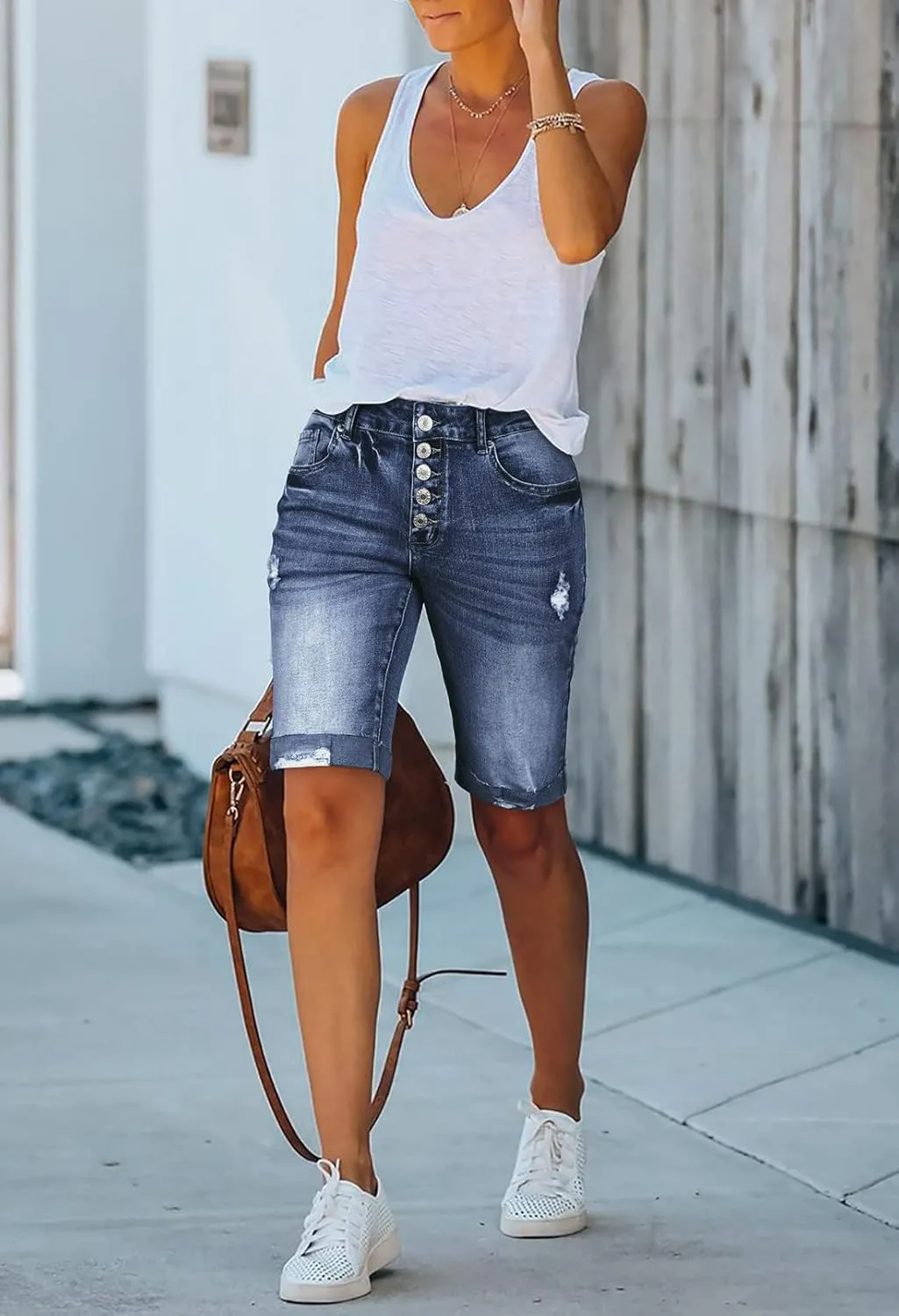 HUUSA Women's High Waist Ripped Denim Shorts Frayed Hem Destroyed Mid Thigh Short Jeans Casual Bermuda Shorts with Pocket