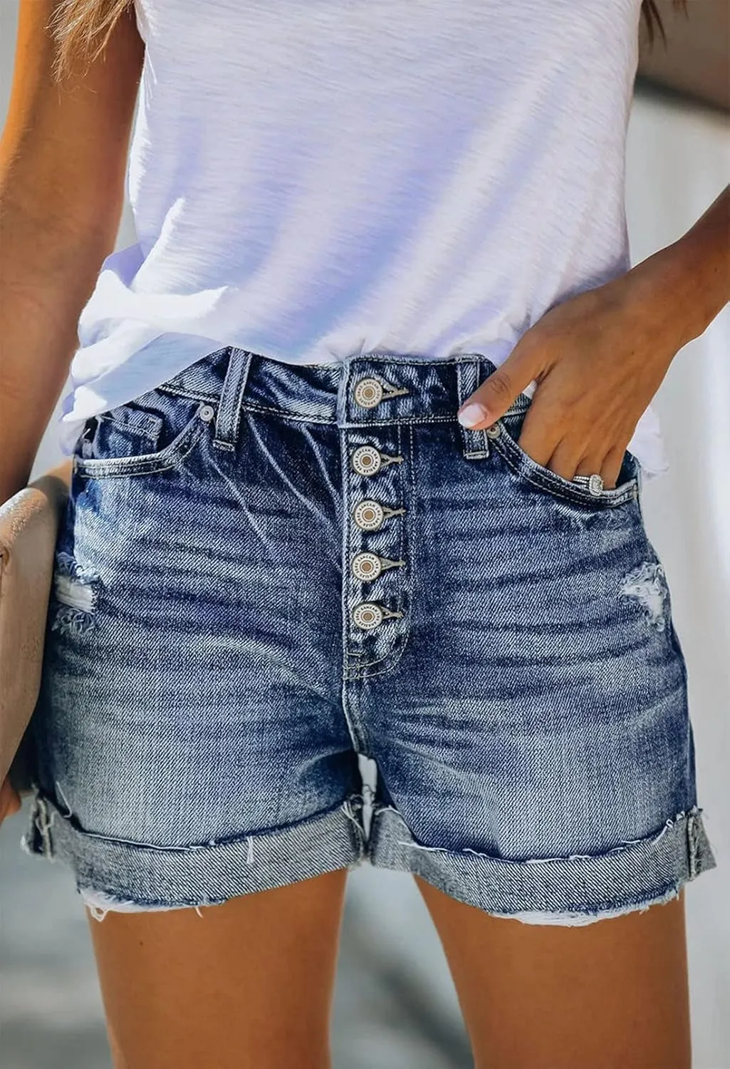 HUUSA Women's Ripped Denim Shorts High Waist Distressed Jean Shorts Casual Rolled Hem Frayed Short Jeans with Pockets