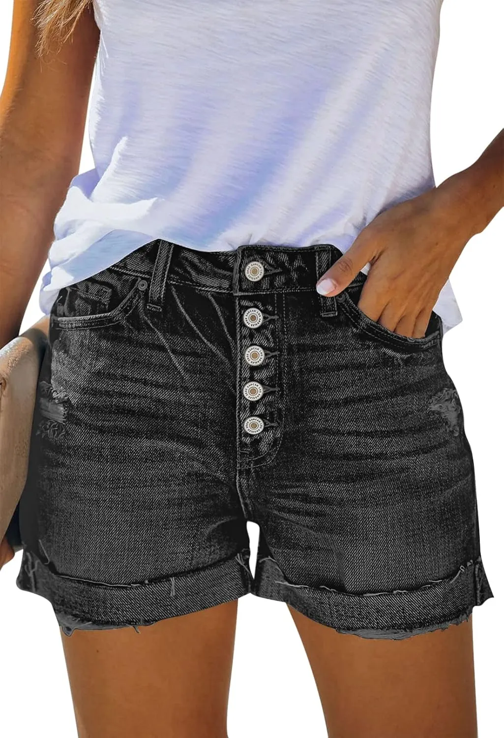 HUUSA Women's Ripped Denim Shorts High Waist Distressed Jean Shorts Casual Rolled Hem Frayed Short Jeans with Pockets