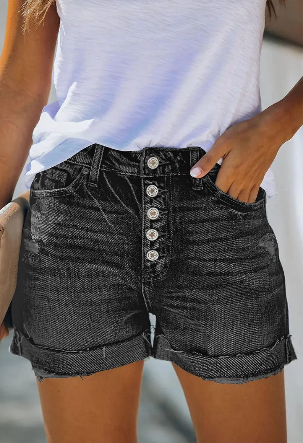 HUUSA Women's Ripped Denim Shorts High Waist Distressed Jean Shorts Casual Rolled Hem Frayed Short Jeans with Pockets