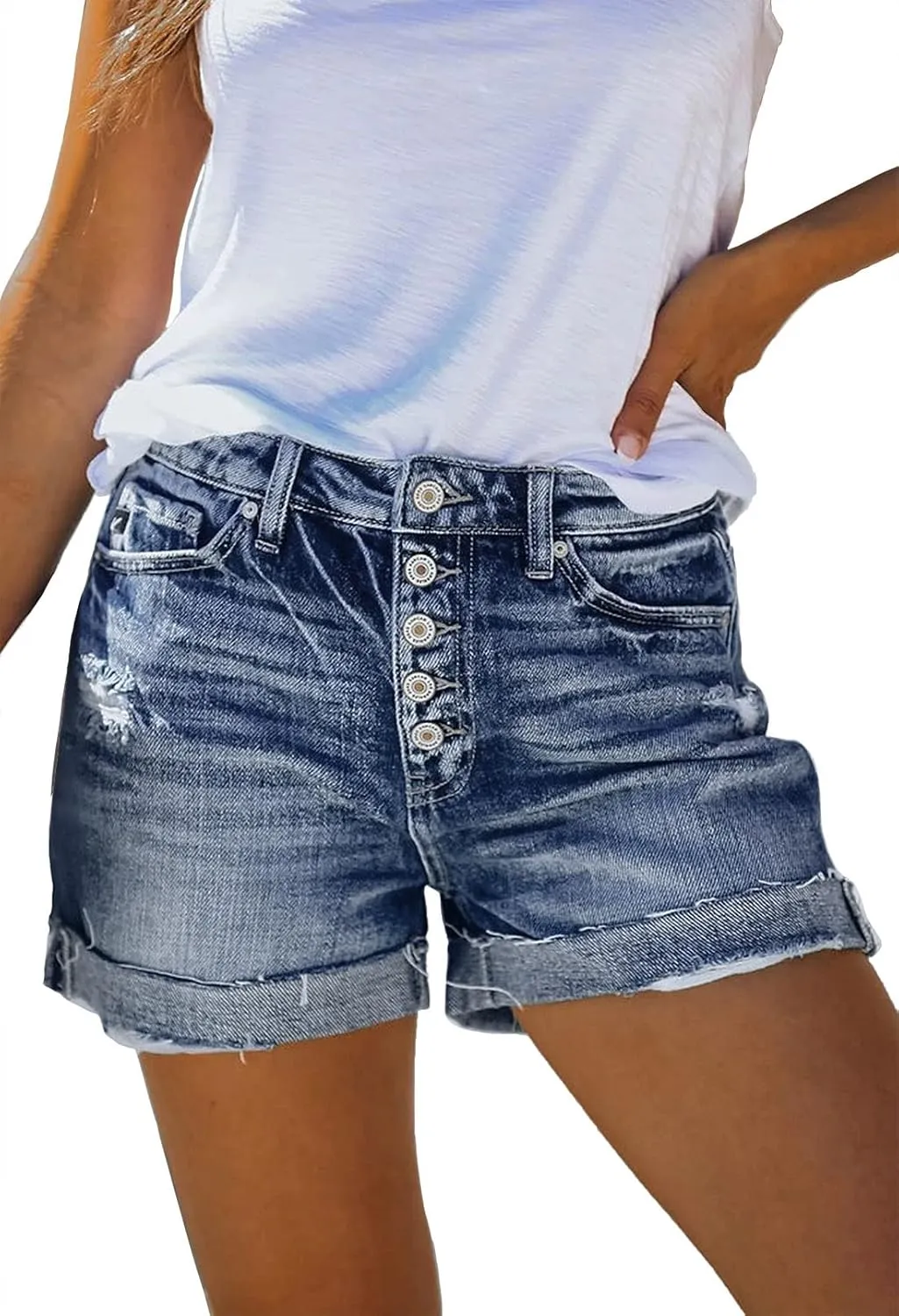 HUUSA Women's Ripped Denim Shorts High Waist Distressed Jean Shorts Casual Rolled Hem Frayed Short Jeans with Pockets