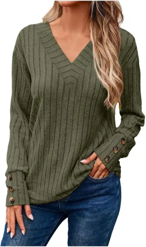 iLH Sweaters for Women 2024 Long Sleeve Ribbed Knit Sweater Casual V Neck Shirts Lightweight Loose Trendy Tunic Tops