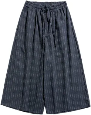 Japanese Men's Striped Wide Leg Pants Cotton Linen Drawstring Kendo Trousers Casual Trousers
