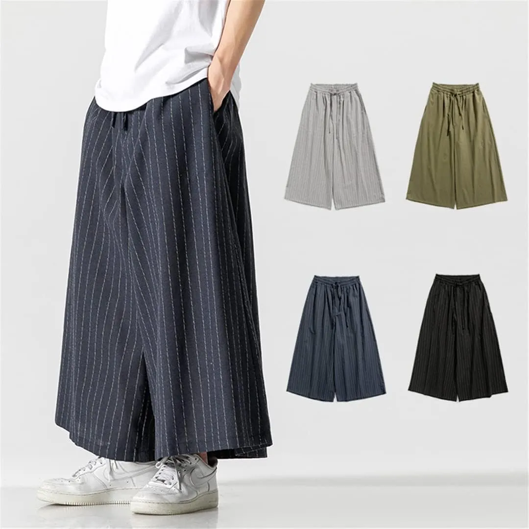 Japanese Men's Striped Wide Leg Pants Cotton Linen Drawstring Kendo Trousers Casual Trousers
