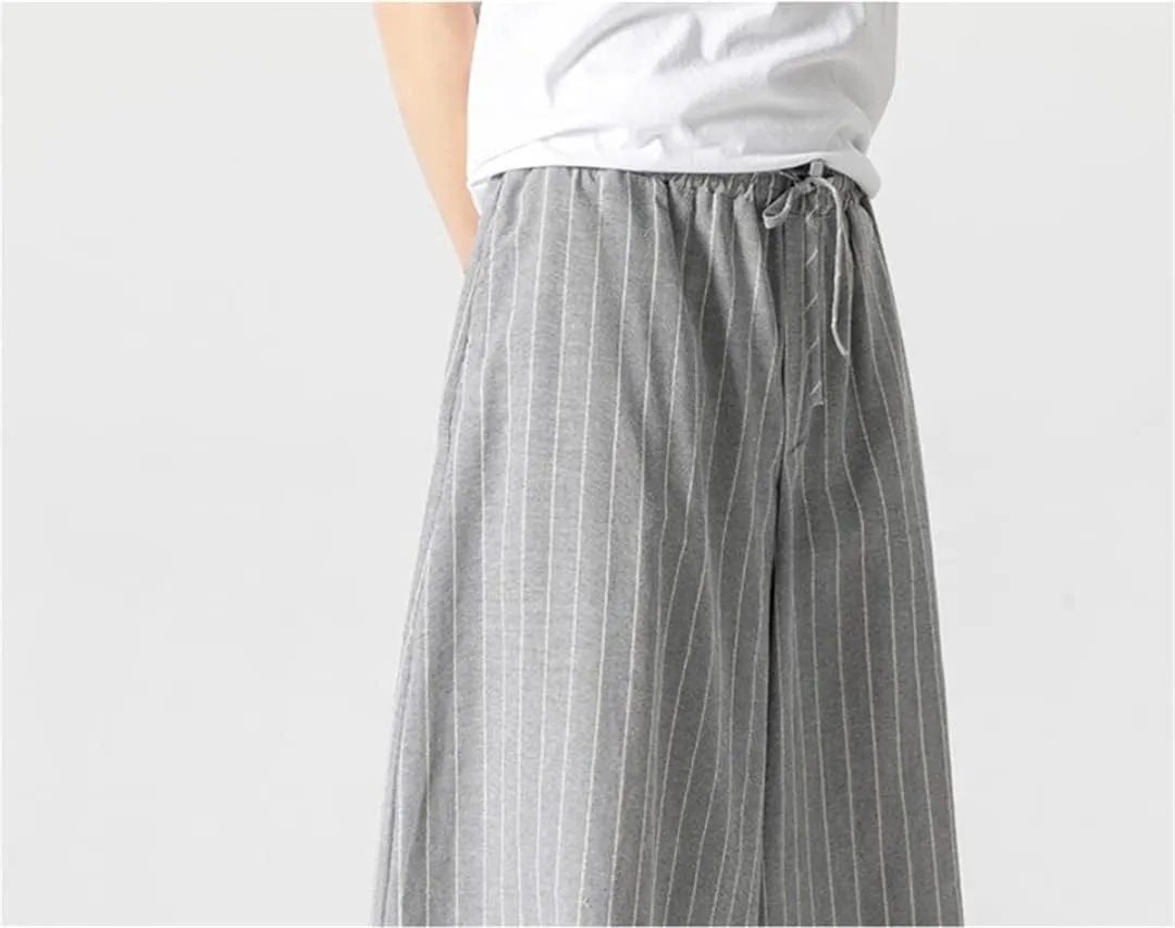Japanese Men's Striped Wide Leg Pants Cotton Linen Drawstring Kendo Trousers Casual Trousers