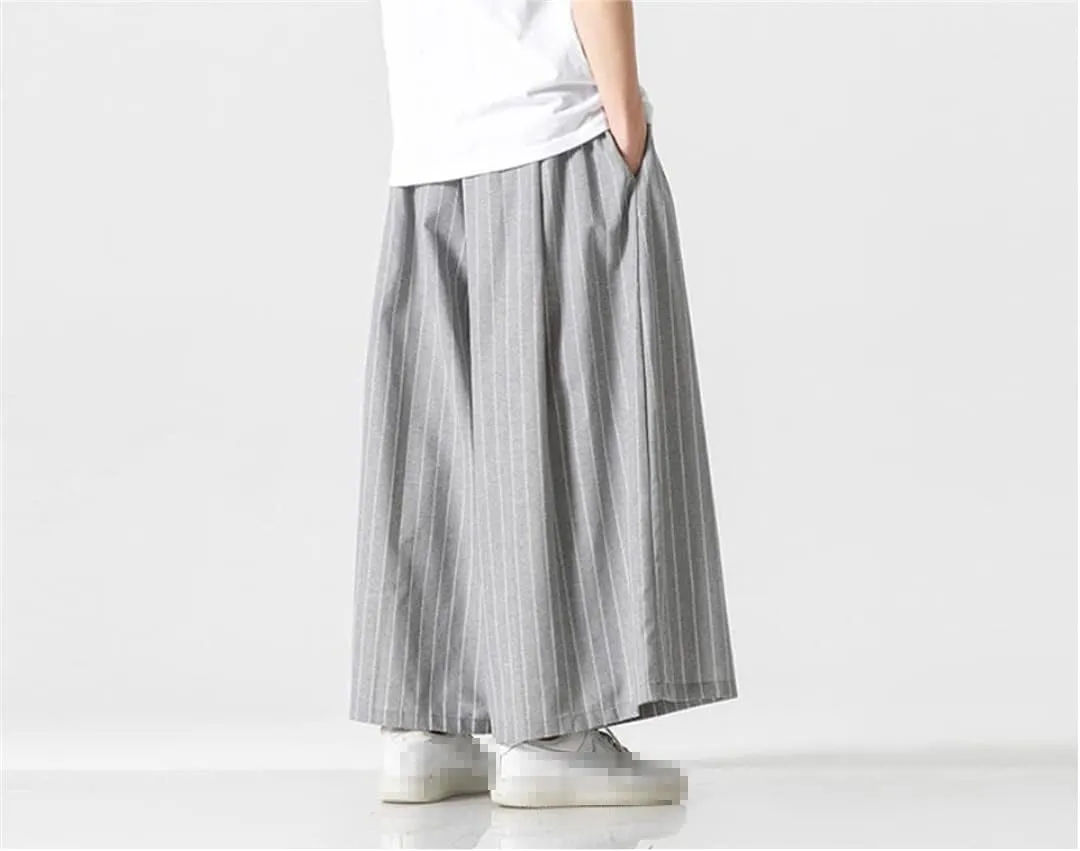 Japanese Men's Striped Wide Leg Pants Cotton Linen Drawstring Kendo Trousers Casual Trousers