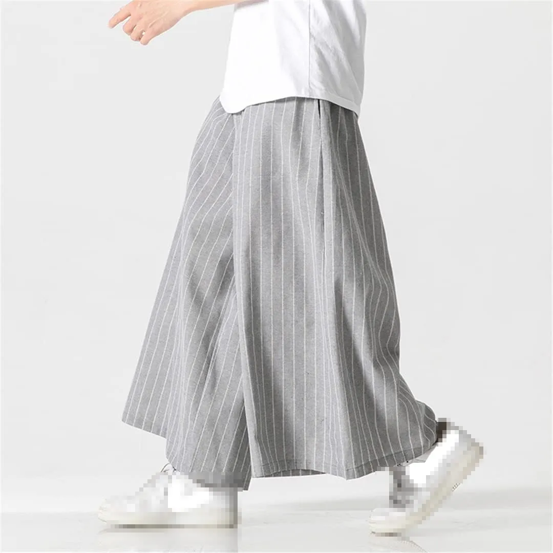 Japanese Men's Striped Wide Leg Pants Cotton Linen Drawstring Kendo Trousers Casual Trousers