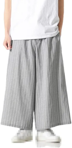 Japanese Men's Striped Wide Leg Pants Cotton Linen Drawstring Kendo Trousers Casual Trousers