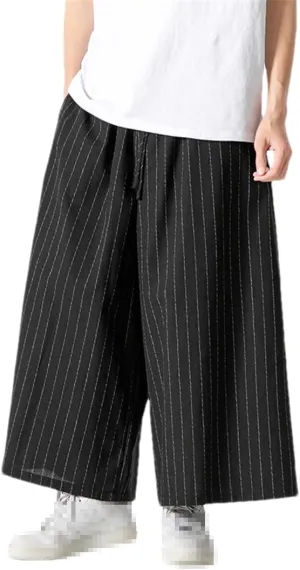 Japanese Men's Striped Wide Leg Pants Cotton Linen Drawstring Kendo Trousers Casual Trousers