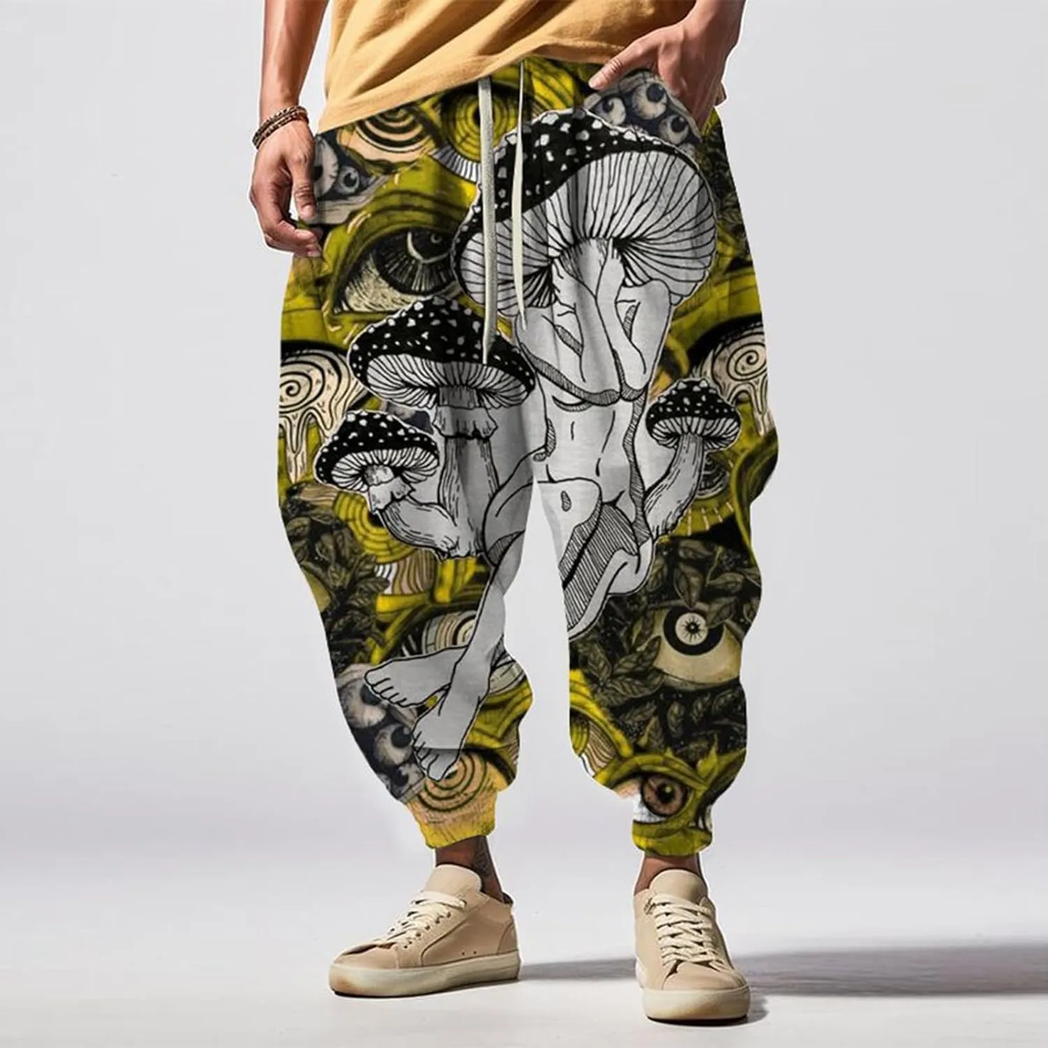 Japanese Pants Mens Joggers Fun Print Fashion Street Feel Sweatpants with Pockets Baggy Elastic Waist Novelty Pant