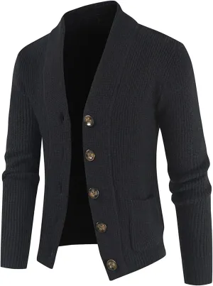 JEShifangjiusu Men's Shawl Collar Cardigan Sweaters Stand Collar Cable Knitted Sweater Slim Fit Button Down Coat with Pocket, Black, XX-Large