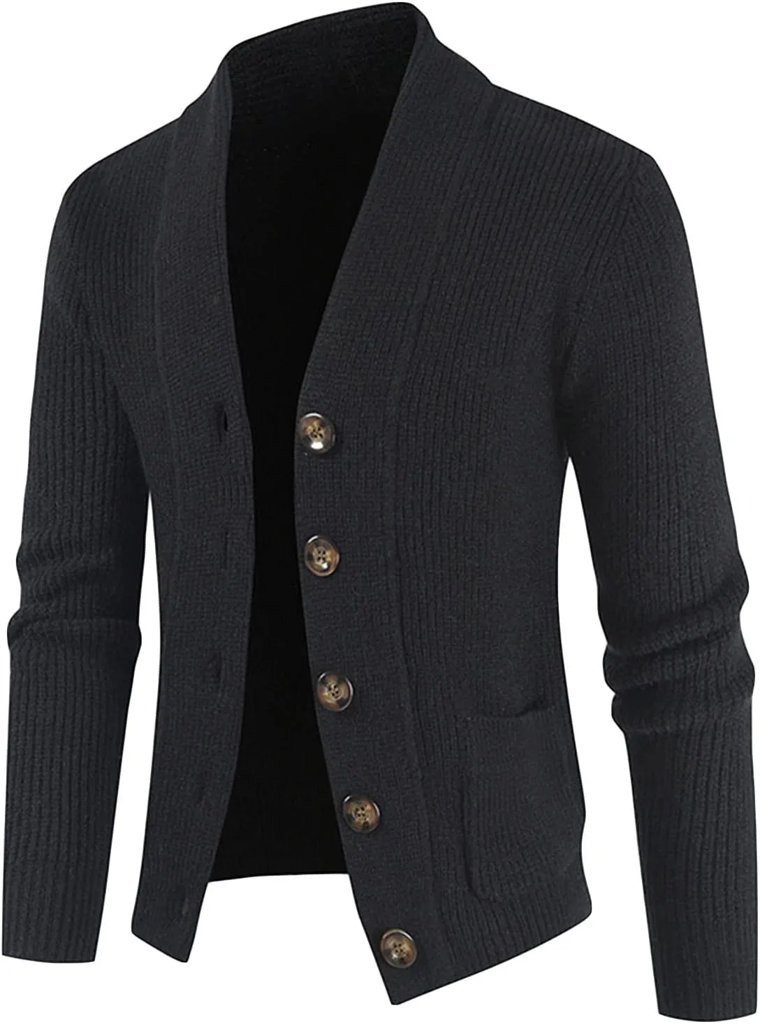 JEShifangjiusu Men's Shawl Collar Cardigan Sweaters Stand Collar Cable Knitted Sweater Slim Fit Button Down Coat with Pocket, Black, XX-Large