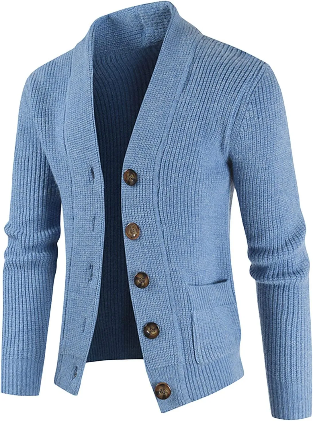 JEShifangjiusu Men's Shawl Collar Cardigan Sweaters Stand Collar Cable Knitted Sweater Slim Fit Button Down Coat with Pocket, Blue, XX-Large