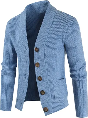 JEShifangjiusu Men's Shawl Collar Cardigan Sweaters Stand Collar Cable Knitted Sweater Slim Fit Button Down Coat with Pocket, Blue, XX-Large