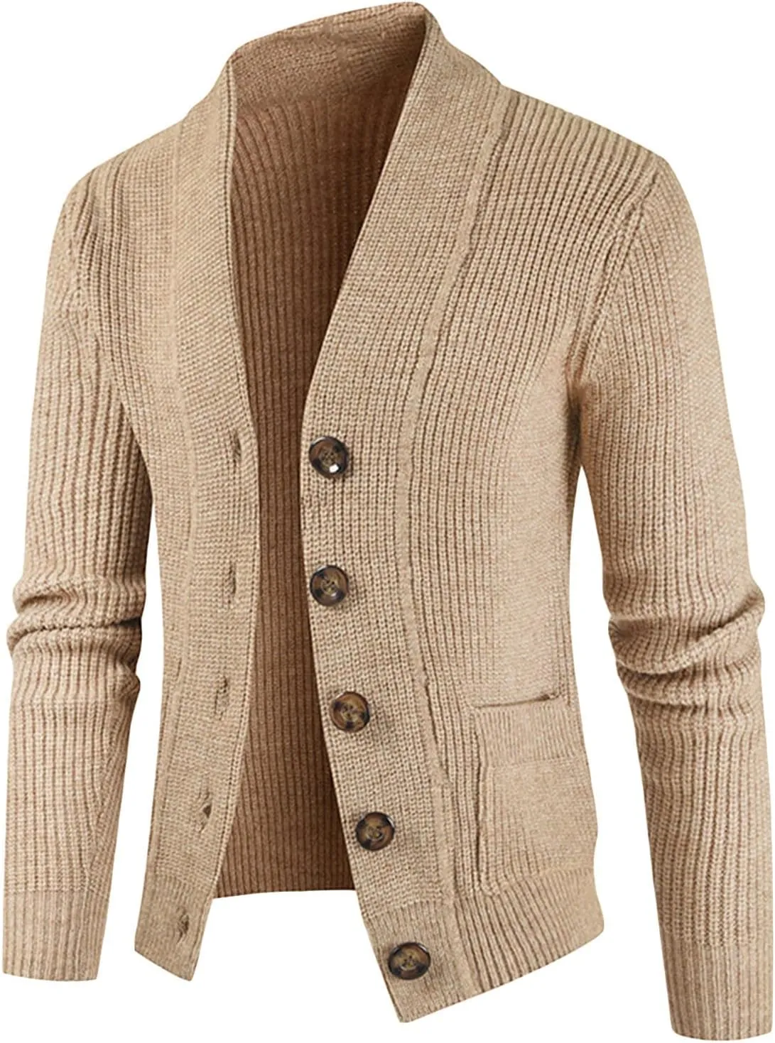 JEShifangjiusu Men's Shawl Collar Cardigan Sweaters Stand Collar Cable Knitted Sweater Slim Fit Button Down Coat with Pocket, Khaki, Medium