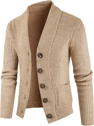 JEShifangjiusu Men's Shawl Collar Cardigan Sweaters Stand Collar Cable Knitted Sweater Slim Fit Button Down Coat with Pocket, Khaki, Medium