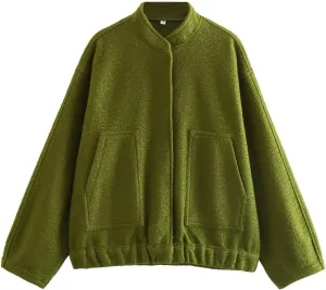 KELYWELL Women's Wool Blend Bomber Jacket Button Down Stand-Collar Shacket Jacket Oversized Varsity Jacket Streetwear