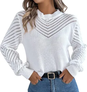 Ladies Casual Sexy V-Neck Long Sleeve Ribbed Knit Hollow Out Sweater Top, S-XL