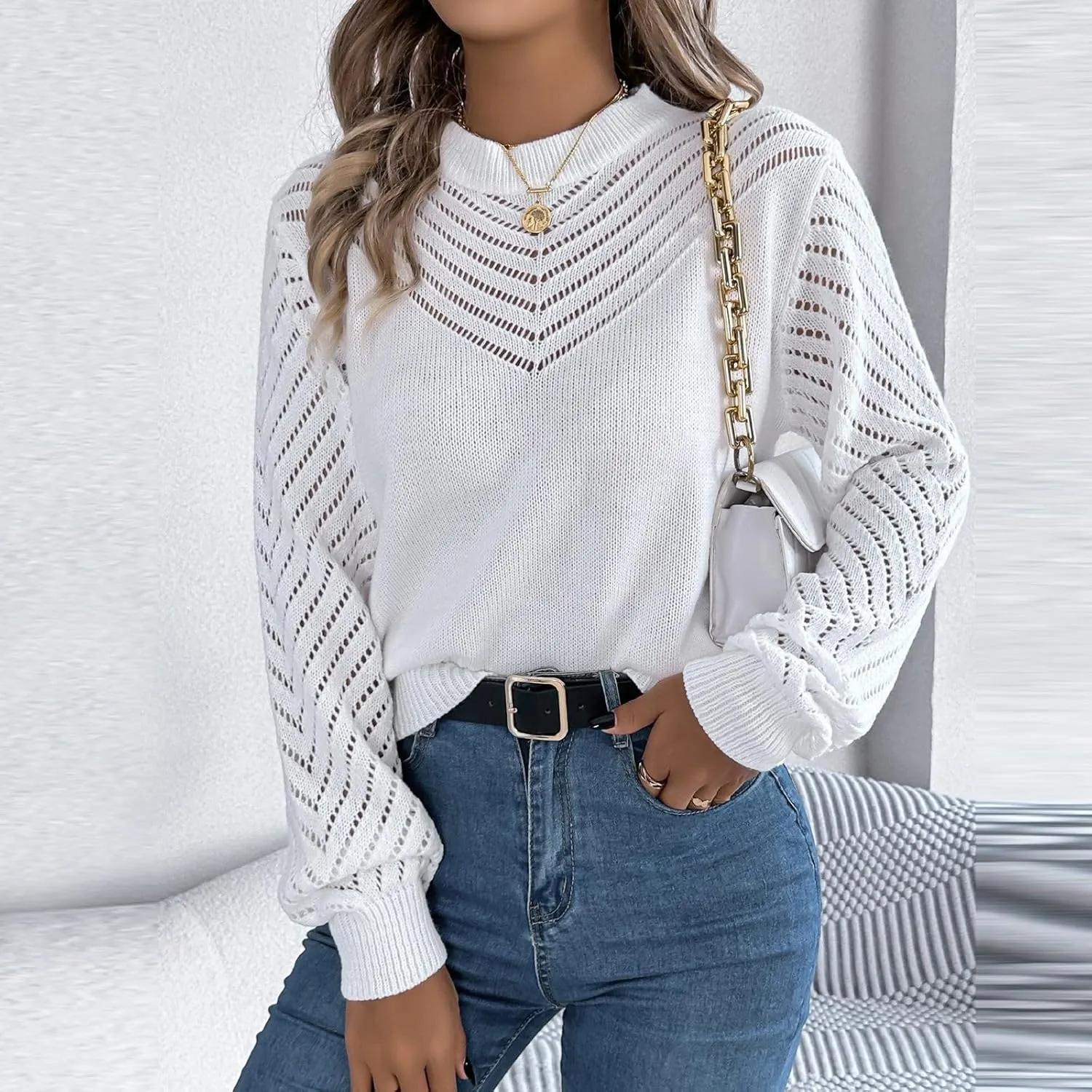 Ladies Casual Sexy V-Neck Long Sleeve Ribbed Knit Hollow Out Sweater Top, S-XL