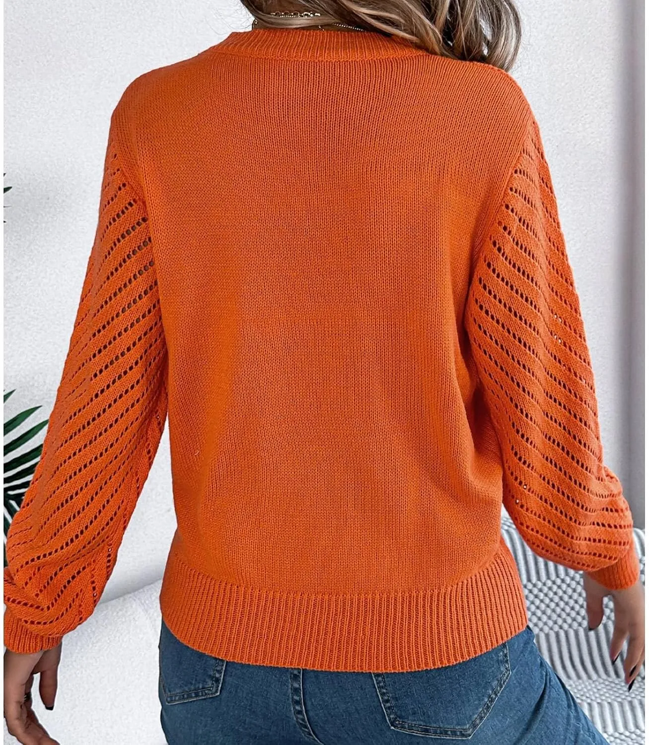 Ladies Casual Sexy V-Neck Long Sleeve Ribbed Knit Hollow Out Sweater Top, S-XL